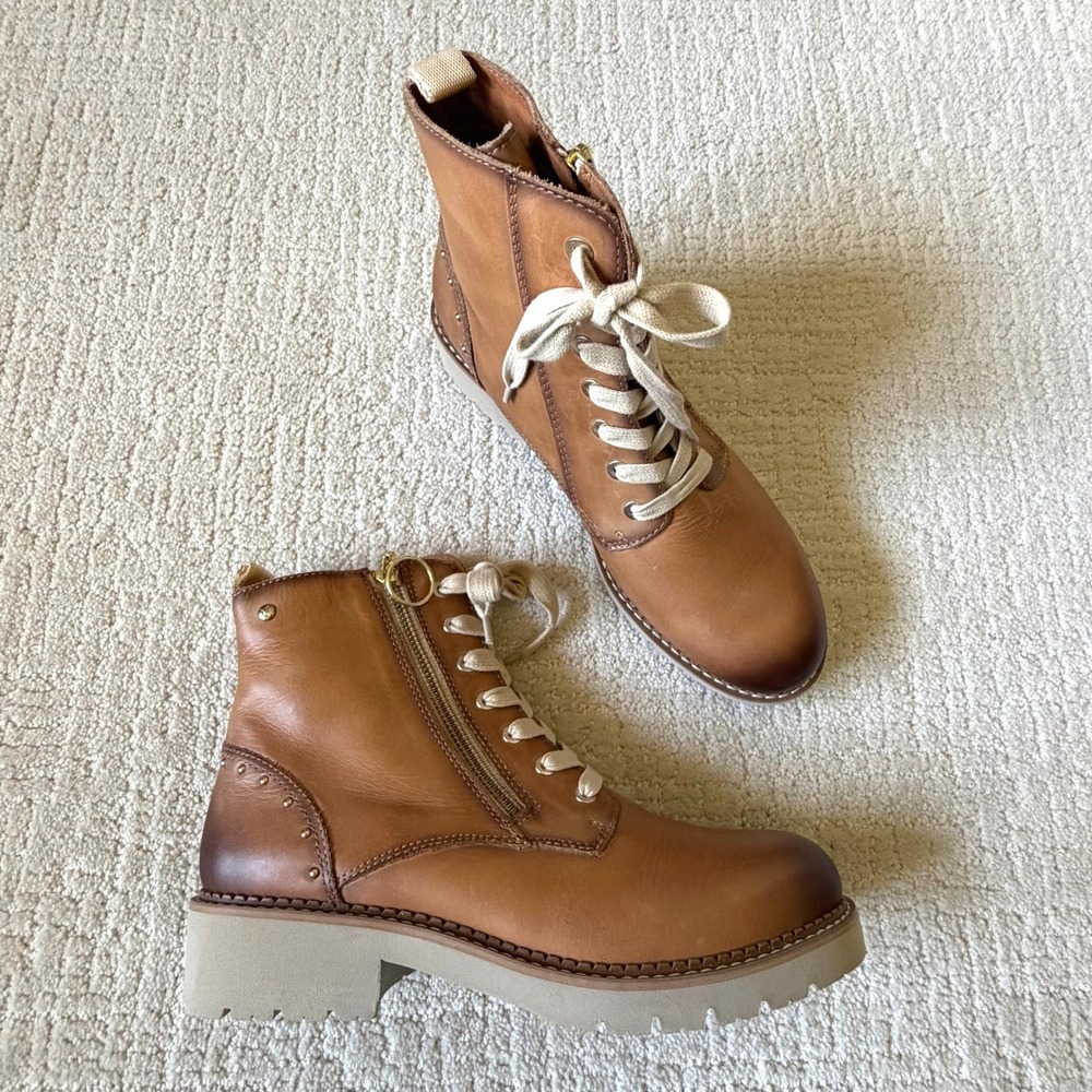 Pikolinos‎ Vicar WOV Two tone Brown Leather Combat Boot Studded Ankle 39 US 9